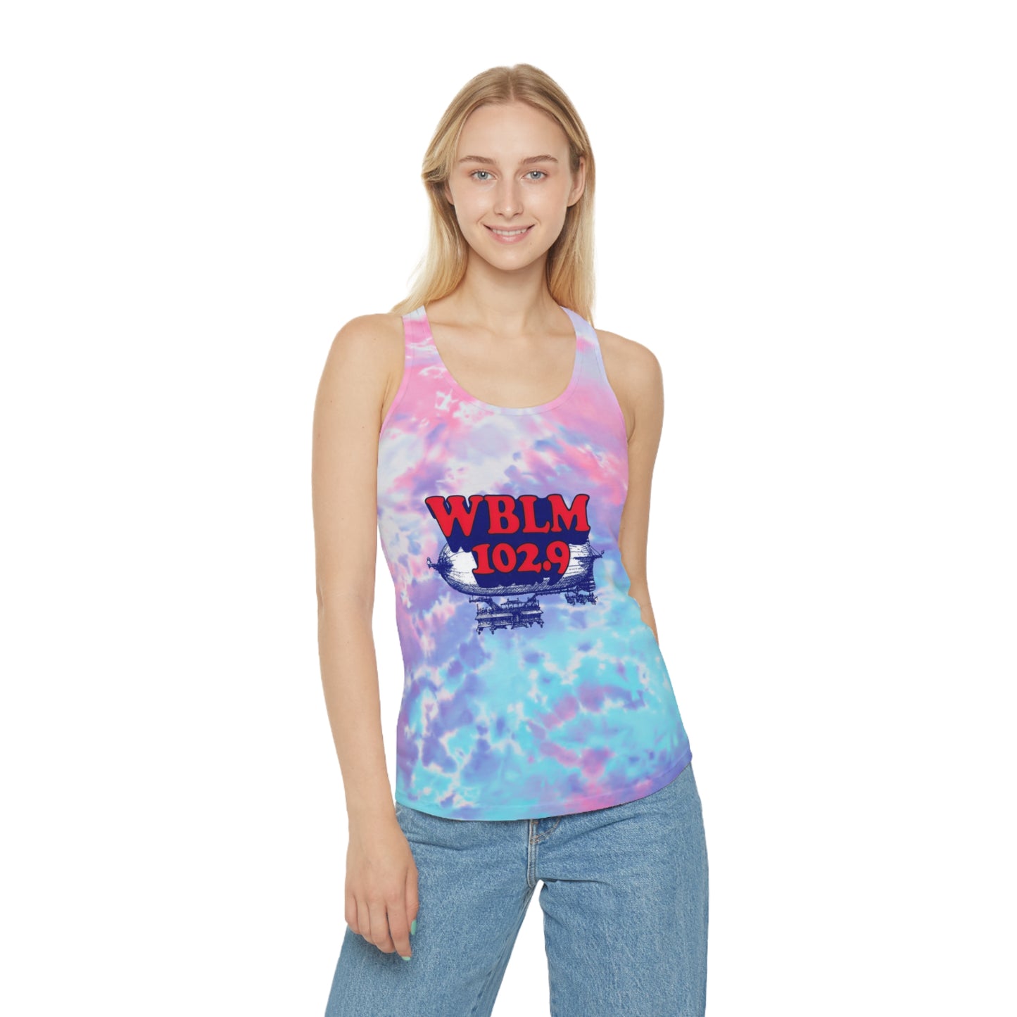 WBLM 102.9 Tie-Dye Racerback Tank Top – Pastel Pink & Aqua Radio Logo
