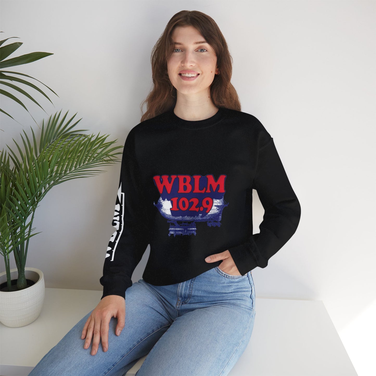 WBLM 102.9 Retro Radio Crewneck Sweatshirt With Radio Dial Sleeve