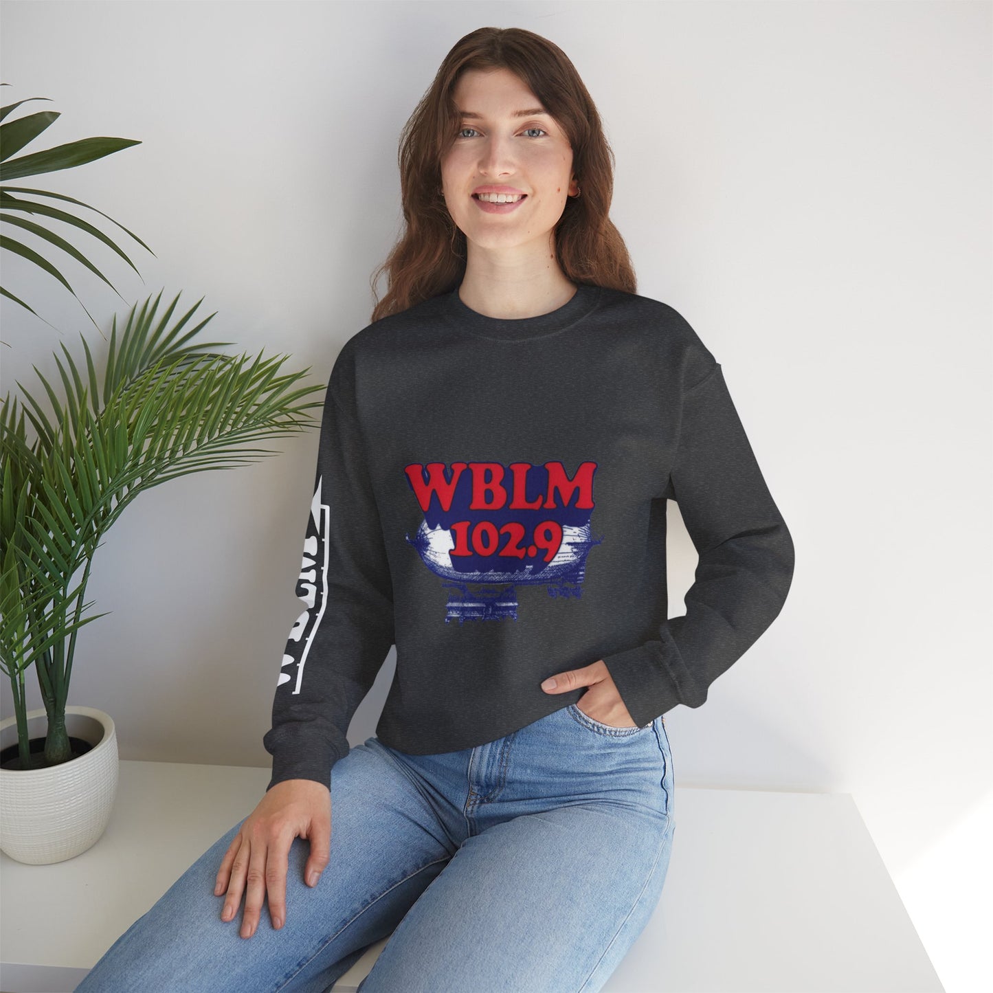 WBLM 102.9 Retro Radio Crewneck Sweatshirt With Radio Dial Sleeve
